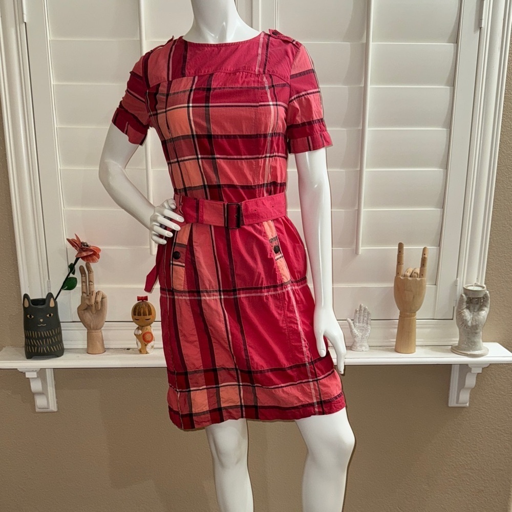Burberry Brit Kristie Belted Dress Boysenberry Red Nova Check Plaid